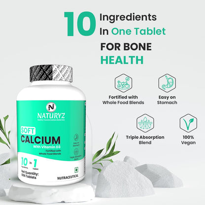 Naturyz Soft Calcium with Plant Vitamin D3 | Highest 10 Nutrients | Easy to Digest | Zinc | Magnesium | Fortified with Whole foods | Faster Absorption Triple Blend | Ideal Supplement for Bone Health & Joint Support - 60 Tablets