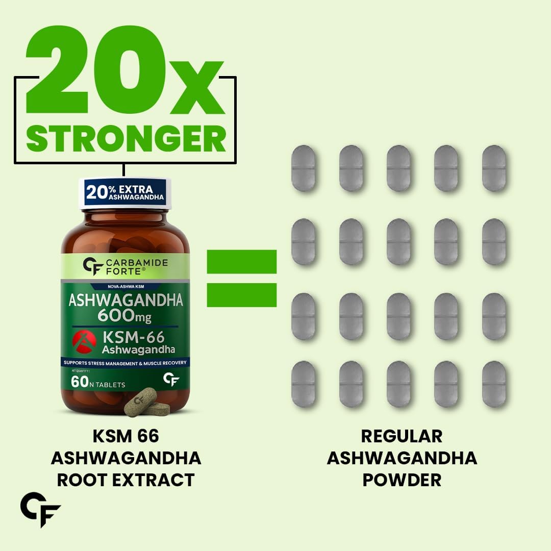 Carbamide Forte Ashwagandha KSM66 600mg - 60 Tablets I KSM 66 Ashwagandha Tablets for Men & Women | Supports Stress Management & Muscle Recovery