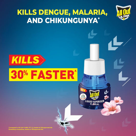 All Out Ultra Floral Liquid Vaporizer, Machine + 2 Refills (45ml each) | Kills Dengue, Malaria & Chikungunya Mosquitoes | India's Only Mosquito Killer Brand Recommended by Indian Medical Association
