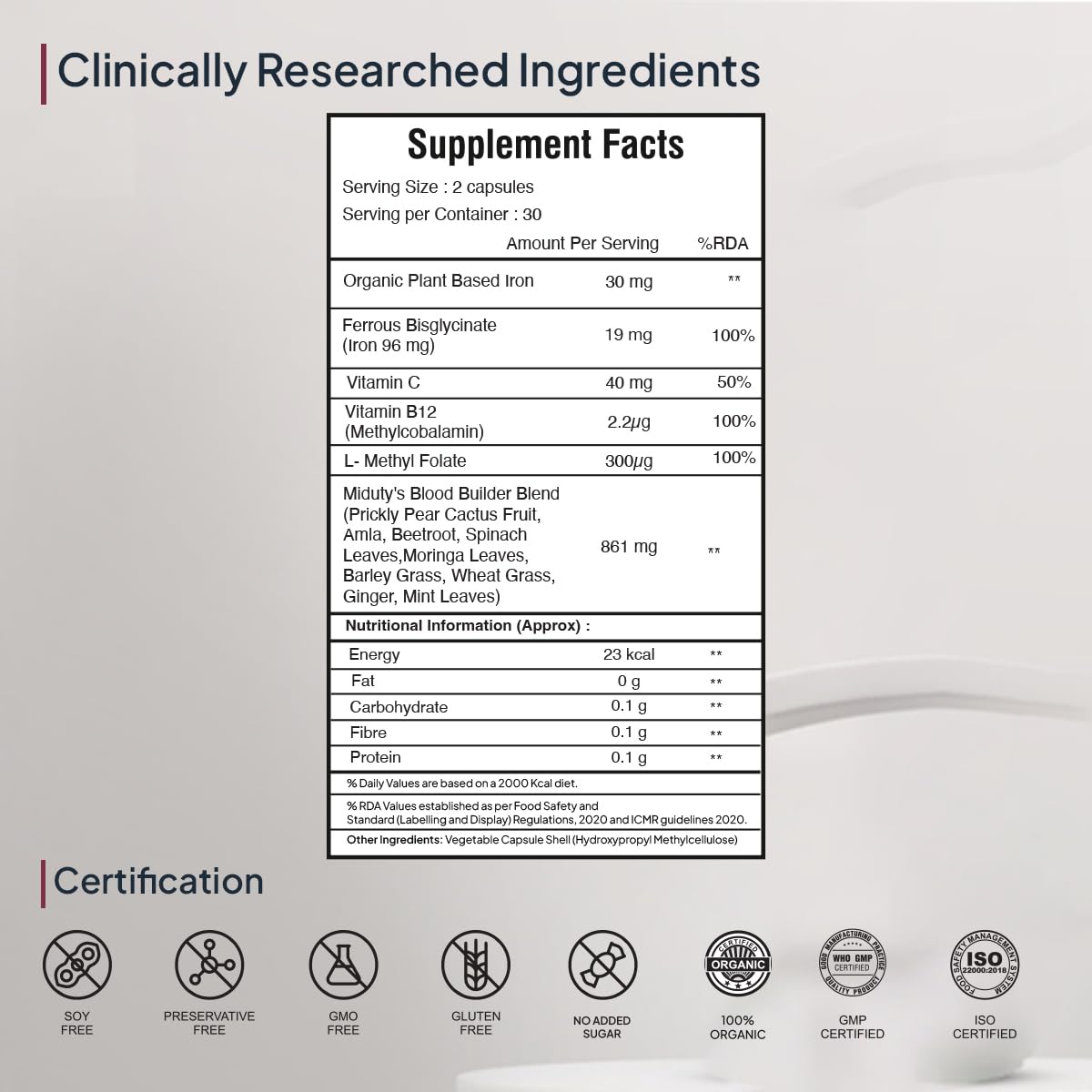 Miduty by Palak Notes Organic Blood Builder, Anemia Supplement, Green Amla, Barley Leaves, Beet Root, Organic Iron Supplement, Hemoglobin Booster, Increase HB, Organic Blood Builder Pack - 60 Caps