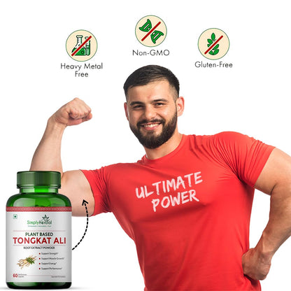 Simply Herbal Tongkat Ali root extract powder 1000mg | Enhanced testosterone level, Stamina and Stress tolerance 60 Veg Capsules