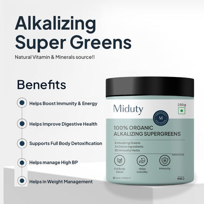 Miduty Palak Notes 100% Organic Super Greens Powder Alkalizing with Wheat Grass, Spirulina, Green Tea, and Moringa Leaves - Ultimate Body Detox & Weight Loss Support - 250 grams