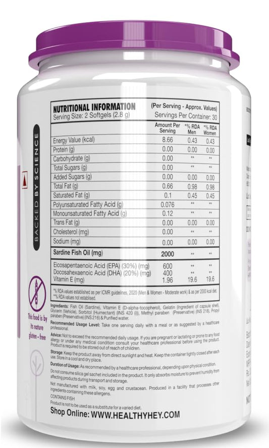 HealthyHey Nutrition Fish Oil Omega 3 For Women and Men | Triple Strength Fish Oil | Burpless, EPA 600 - DHA 400 Supplement , 60 Softgel