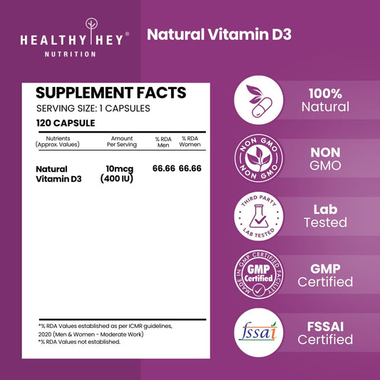 HealthyHey Nutrition Vegan Vitamin D3 - Natural Plant Based - Non GMO - Gluten Free - 400 IU 120 Veg Capsules