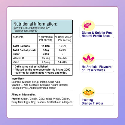 Happi Kidz Zinc Gummies for Kids | Zinc + Vitamin C | 100% Natural | Vegetarian | Supports Brain Function | Promotes Proper Growth | Ages 4 & above | Orange Flavour | 60 Count | Lab tested for purity