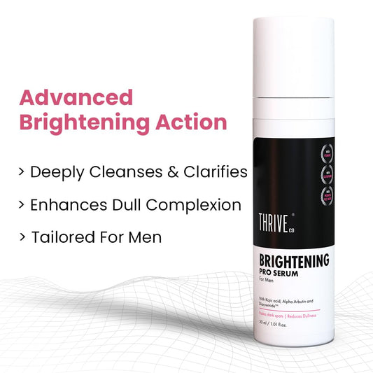 ThriveCo Brightening Pro Serum for Men | Kojic acid, Vitamin C & Diacnemideâ„¢ | Skin Brightening, Acne Control & Boosts Hydration | Fades dark spots & Reducess Dullness | For All Skin Types | 30ml