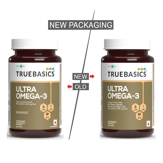 TrueBasics Ultra Omega 3 Fish Oil (90 Capsules) | Triple Strength with 1150mg Omega 3, 525mg EPA & 375mg DHA | For Heart, Joints & Brain Health, 220 grams
