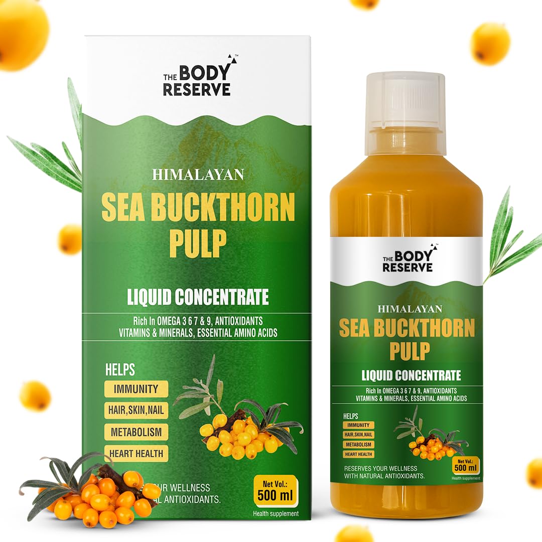 The Body Reserve Himalayan Sea Buckthorn Juice 500ml | Cold Pressed Seabuckthorn Berry Pulp Concentrate | Natural Vitamin C | Omega 3-6-7-9 | Antioxidant-Rich Gut Health Juice for Skin Glow, Heart & Immunity Support
