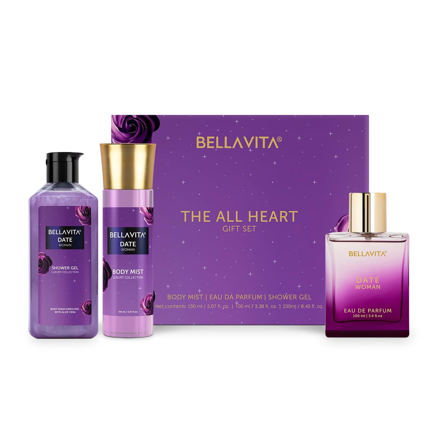 BELLAVITA The All Heart | Long Lasting Gift Set for Woman | Gift for Mom | Gift for Mother's Day | Mothers Day Gift for Mom | with Body Mist 150ml, Shower Gel 250ml and EDP Perfume 100ml | Floral, Fruity Premium Fragrance