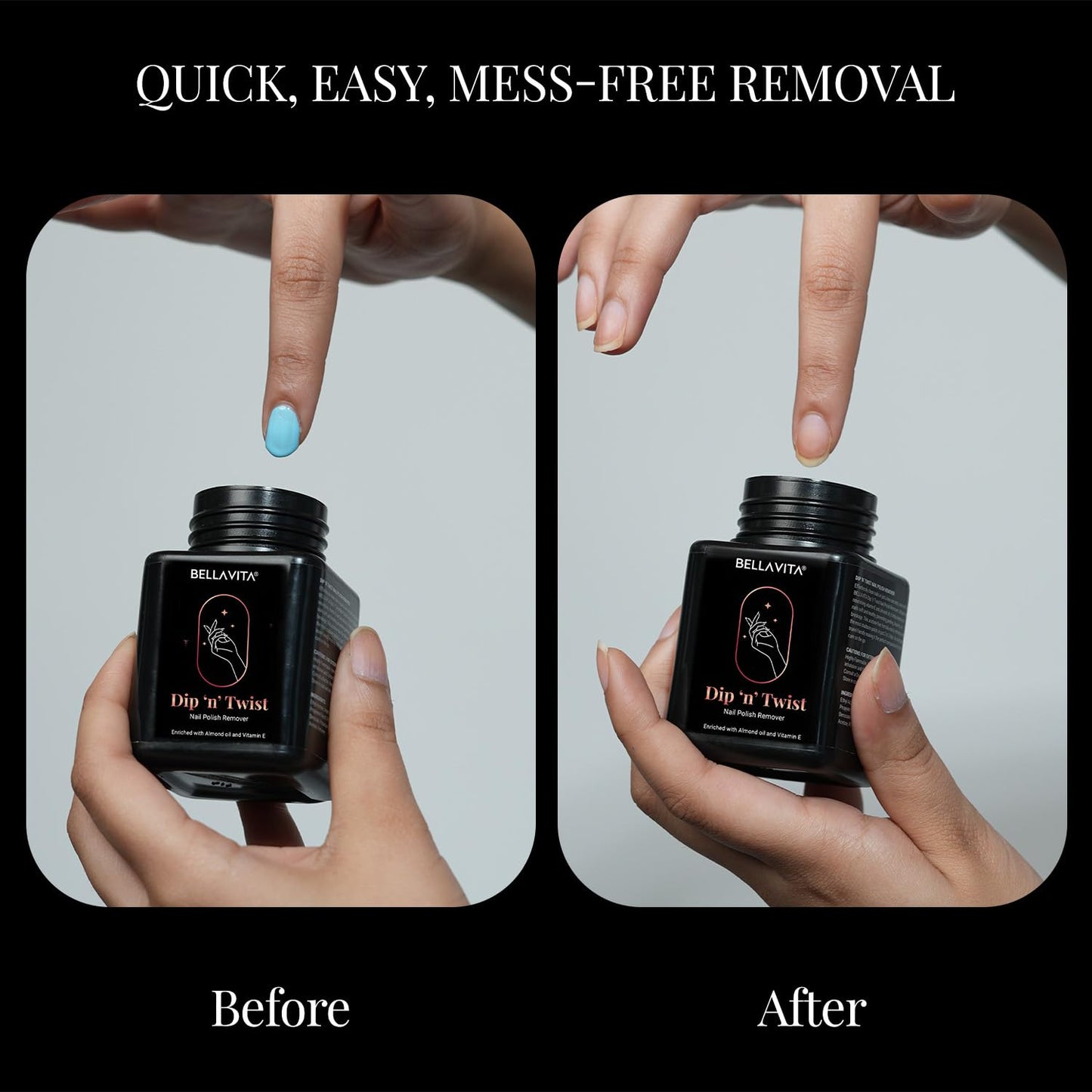 BELLAVITA Dip 'n' Twist Nail Polish Remover with Vitamin E and Almond Oil | Acetone Free Formula| Quick and Easy Removal | Gentle on Nails | 60ml