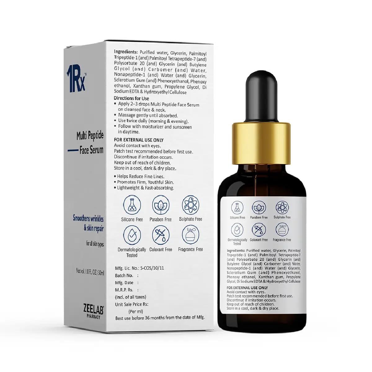 Zeelab 1RX Multi Peptide 10% Face Serum | Hydrating & Skin Smoothing Serum | Lightweight Formula | For All Skin Types | 30ml
