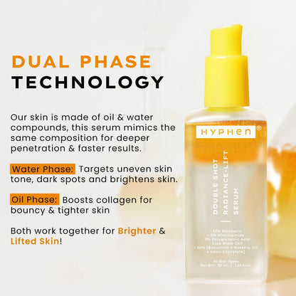 Hyphen 18% Brightening + 20% Collagen Face Serum | Double Shot Serum with 11% Mandarin 5% Niacinamide 2% PGA & Bakuchiol | Summer Skincare | Brightening, Hydrating & Collagen Boost for Dry Skin - 50ml