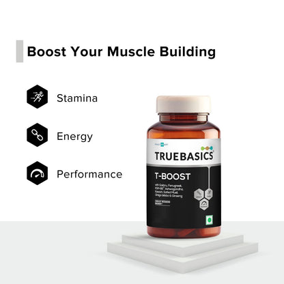 TrueBasics T-Boost,Testosterone Supplement For Men|With Ksm 66 Ashwagandha,Safed Musli,Gokshura,& Ginseng|For Energy,Stamina & Muscle Strength,1 Count,120 Capsules