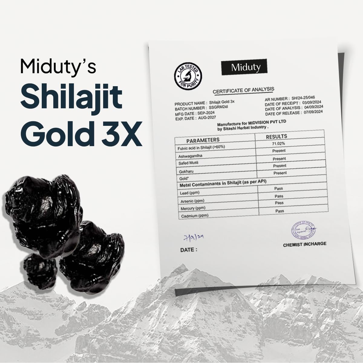 Miduty Shilajit Gold 3X - Ashwagandha - Himalayan Shilajit Gold - Original Shilajit Gold Resin - Shilajit for Men - 20g