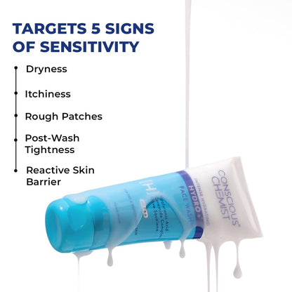 Conscious ChemistÂ® Gentle Face Wash for Dry Skin | 100ml | Hydrating Cleanser for Face with Hyaluronic Acid, Ceramides and Ginseng Extract, Treats Dull and Dehydrated Skin for Women & Men - Hydro+