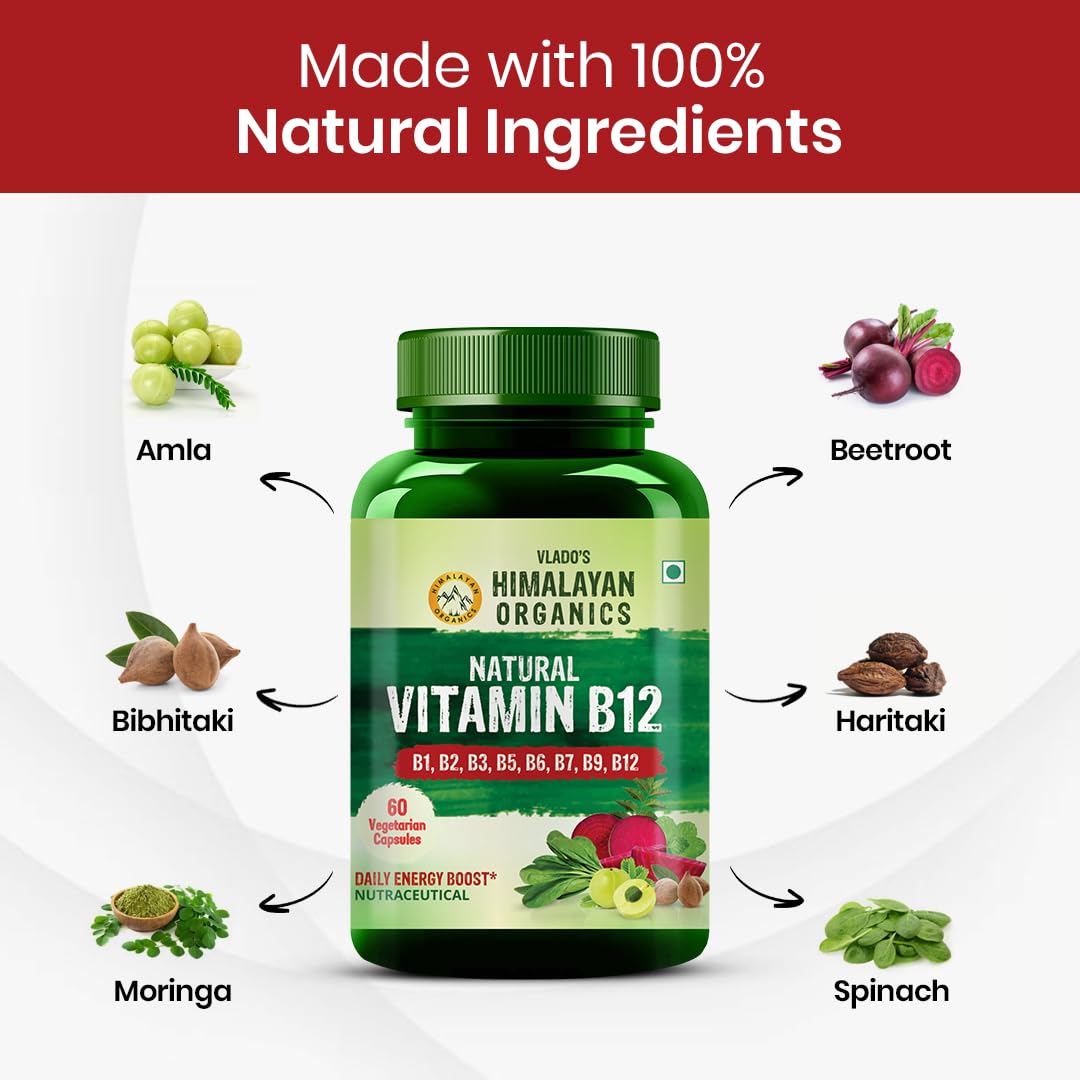 Vladoâ€™s Himalayan Organics Plant-Based Vitamin B12 with B-Complex & Moringa | Energy, Nerve & Brain Support | 60 Veg Capsules