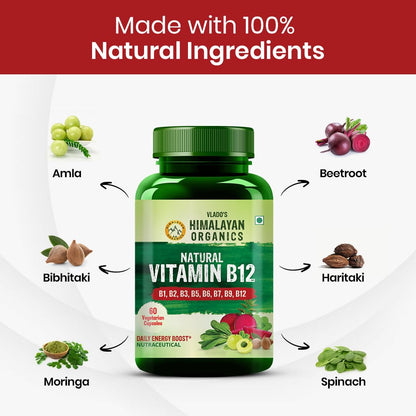 Vladoâ€™s Himalayan Organics Plant-Based Vitamin B12 with B-Complex & Moringa | Energy, Nerve & Brain Support | 60 Veg Capsules
