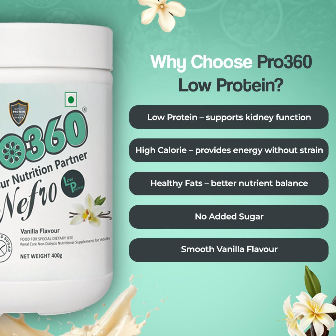 Pro360 Nefro LP Powder Vanilla Flavour â€“ 400g Low Protein Nutrition Supplement for Kidney Health (Non-Dialysis) â€“ Vanilla Protein Powder Enriched with L-Taurine, L-Carnitine & Essential Nutrients