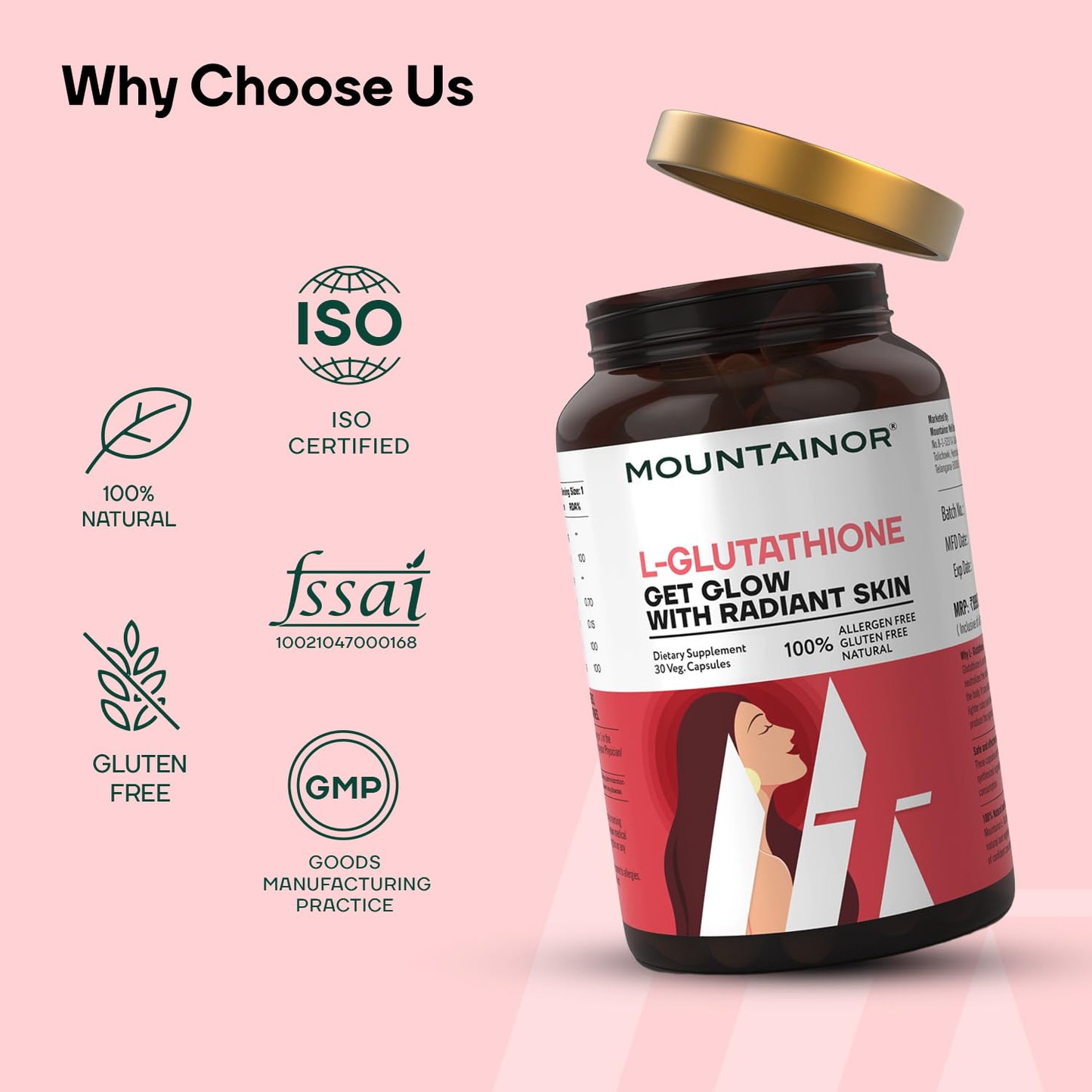 MOUNTAINOR L- Glutathione for Skin Whitening 1000mg With Grapeseed, Vit C,E, Hyaluronic Acid, Biotin Helps Reducing Melanin, Clear, Glowing Skin. Natural 30 Veg caps