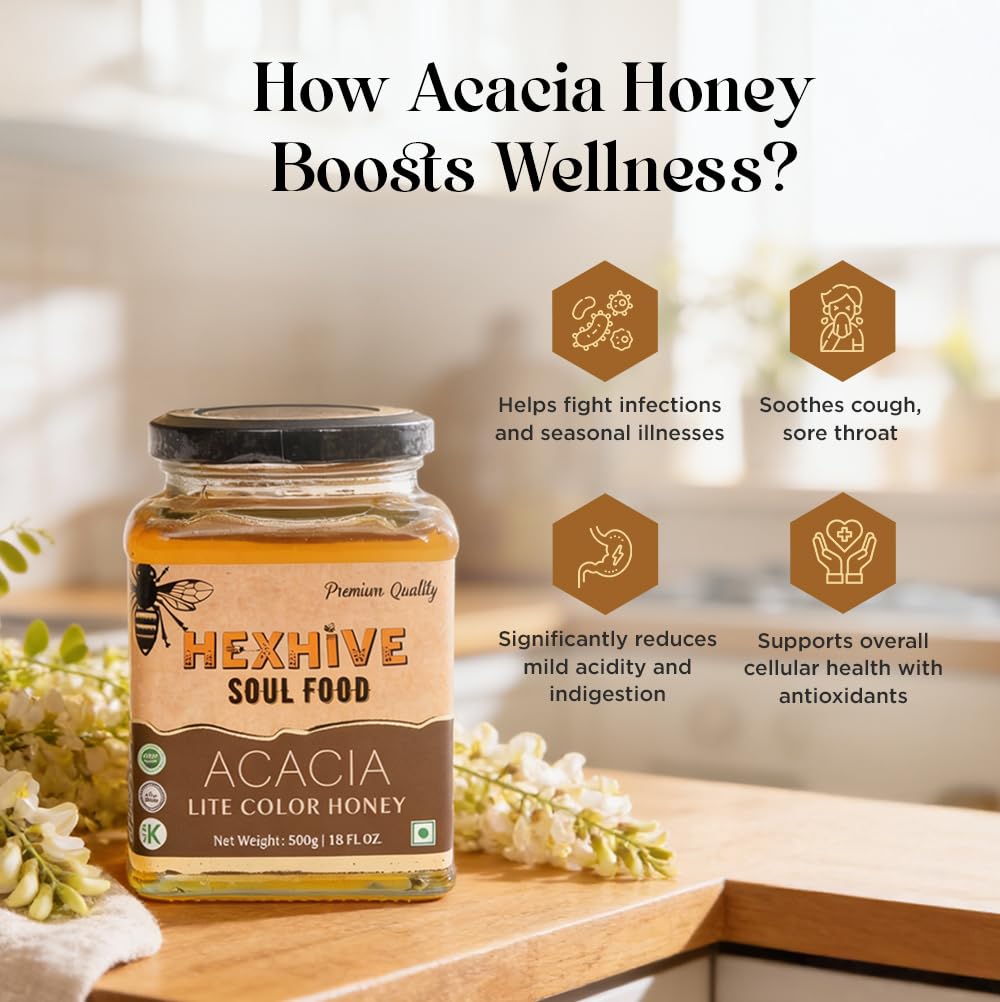 Hexhive Acacia Lite Colour Honey | Pure Organic Honey from Acacia Blossoms | Light & Mild Taste | Low Crystallisation | Natural Sweetener for Milk, Coffee, Tea, Breakfast | Octagon Glass Jar | 500g