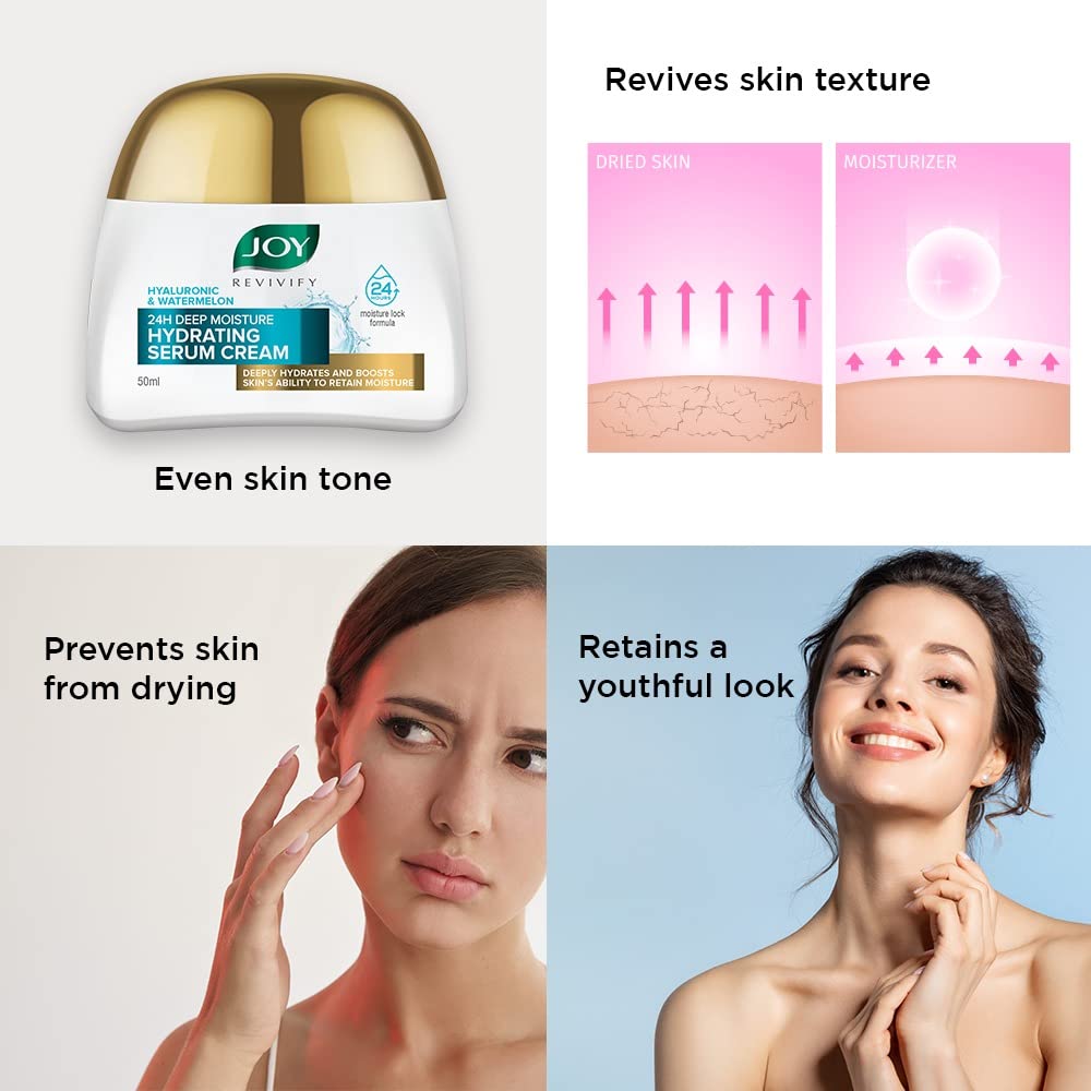 Joy Revivify Hyaluronic & Watermelon 24H Deep Moisture Hydrating Serum Cream | Deep Moisturizing Cream | Silky Smooth Feel | Vitamin A, C, E & B6 | Cocoa Butter â€“ 50 ml