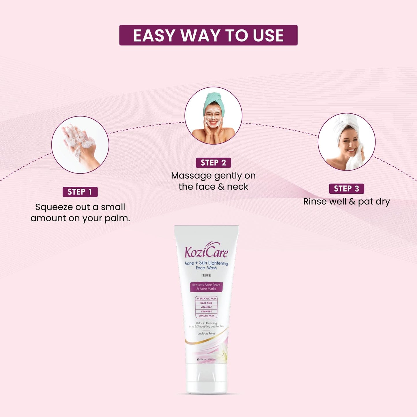 Kozicare Kojic Acid Face Wash | Acno Fight & 2% Salicylic Acid | for Glowing Skin | Reducing Acne & Smoothing Skin | for Women & Men - 100 Ml