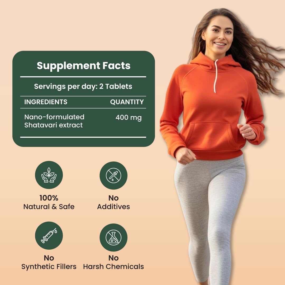 ZEROHARM Holistic Shatavari Supplement - Nano Formulated Shatavari Root Extract Powder for Hormonal Balance & Lactation Support - PCOS PCOD, PMS & Menopause Wellness for Women - 60 Tablets