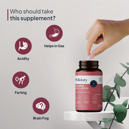 Miduty by Palak Notes Betaine HCL + Pepsin, Betaine HCL Pepsin Capsules Pepsin for Digestion Acidity & Indigestion Betaine HCL Supplement - 60 Capsules