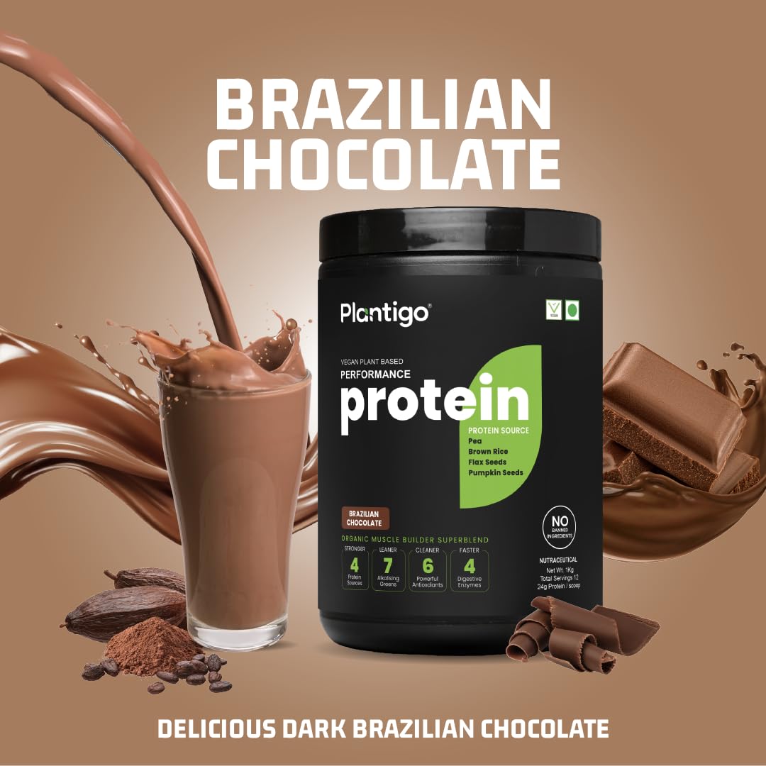 Plantigo Clean Plant Protein Powder | No Preservatives, No Banned Substances |Super Protein Blend- Pea, Brown Rice, Flax, Pumpkin 21SuperFoods Vegan Protein For Men, Women (Brazilian Chocolate - 1 Kg)