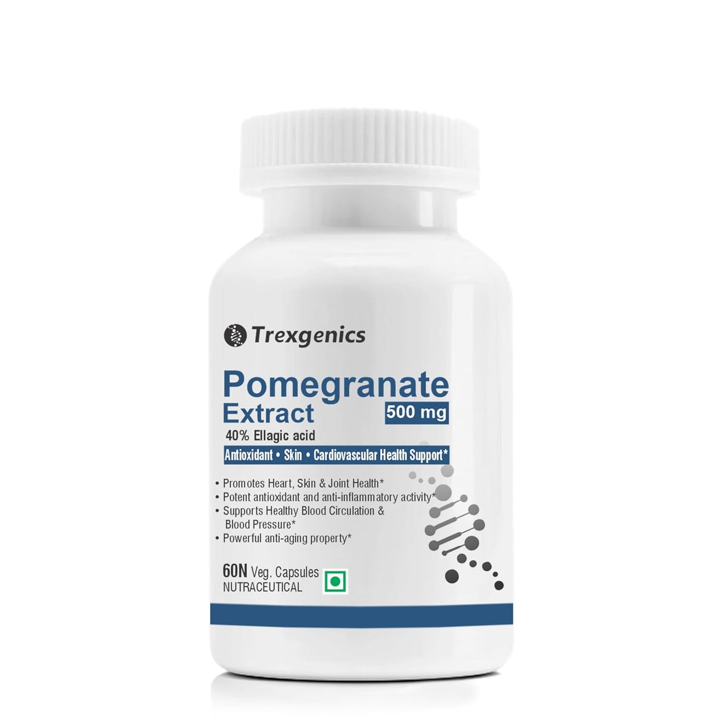 Trexgenics POMEGRANATE (Bioactive 40% Ellagic acid) Seed Extract 500 mg Antioxidant, Skin Care, Blood circulation, Cardiovascular Health Support (60 Veg capsules)
