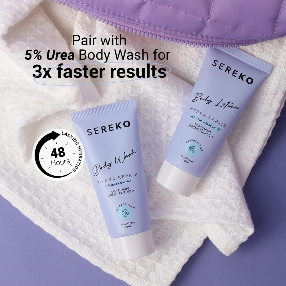 Sereko 10% Urea & Avocado Oil Body Lotion 30ML | For Strawberry legs, Detans, Rough Bumpy skin| Body lotion for Men & Women | AHA BHA free | Gentle Exfoliating | with 48H Moisturization | Very dry, flaky skin