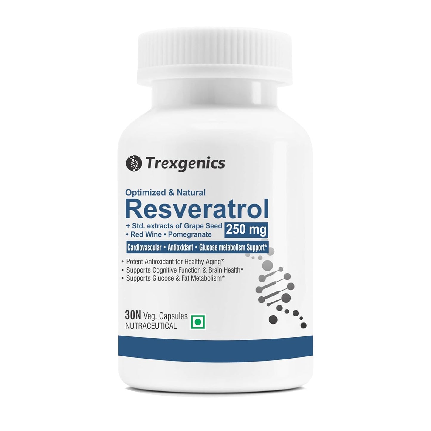 Trexgenics Natural RESVERATROL 250 mg + Grape Seed OPC, Pomegranate Ellagic acid, Red Wine Cardiovascular Health, Antioxidant & Glucose Metabolism VEGAN & NON-GMO (30 Veg. Capsules) (Pack of 1)