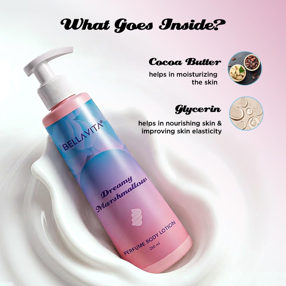 BELLAVITA Dreamy Marshmallow | Perfume Body Lotion for Man and Woman | Long-lasting Hydration | Soft & Smooth Skin | Long-lasting Scent | Paraben-free | Infused with Cocoa Butter & Glycerin | 250ml
