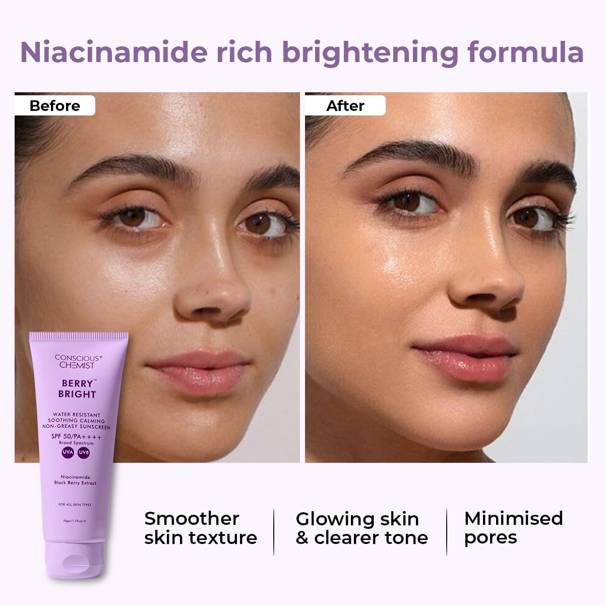 Conscious ChemistÂ® Sunscreen SPF 50 PA++++ In-Vivo Tested | 50g | Sunscreen for Oily Skin, Gel Sunscreen, Niacinamide with Black Berry Extract, Hybrid Lightweight, All Skin Types - Berry Bright
