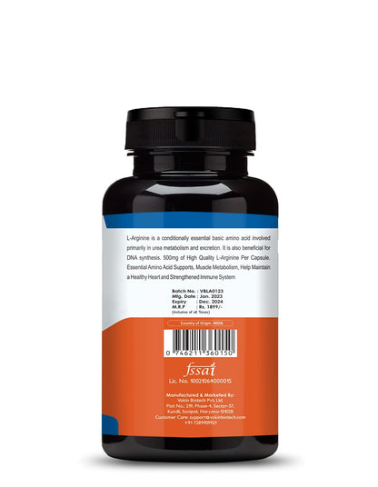 Vokin Biotech L Arginine 500mg 90 Capsules With Essential Amino Acid and Nitric Oxide