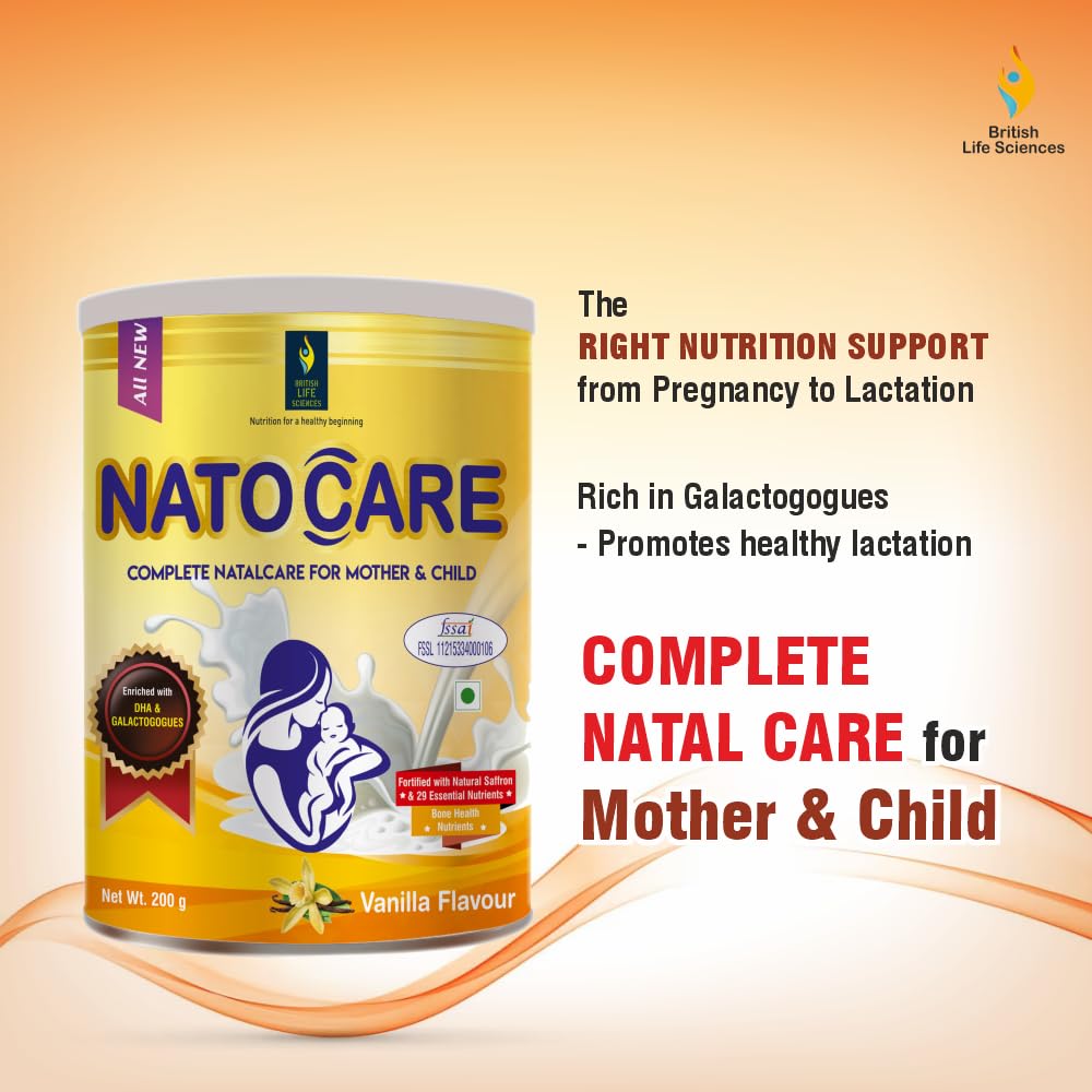 British Life Sciences Natocare Lactation Supplement | Breastfeeding Supplement | Shatavari, Silymarin & Fenugreek Extracts | Healthy Breast Milk Supply | Calcium & Vitamin D | Vanilla Flavor | 200g