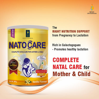 British Life Sciences Natocare Lactation Supplement | Breastfeeding Supplement | Shatavari, Silymarin & Fenugreek Extracts | Healthy Breast Milk Supply | Calcium & Vitamin D | Vanilla Flavor | 200g
