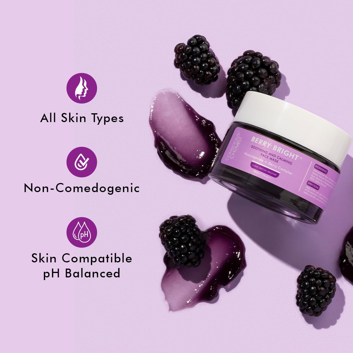 Conscious ChemistÂ® Berry Bright Pore Refining & Brightening Face Mask | For Bright and Clear Skin with Niacinamide & Berry Extracts | 50g