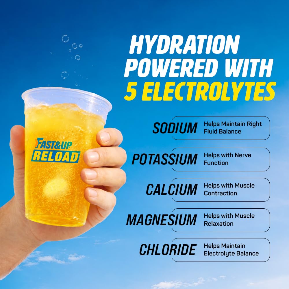 Fast&Up Reload (5 Litres) Low Sugar energy drink for Instant Hydration - 20 Effervescent Tablets with all 5 Essential Electrolytes + Added Vitamins - Certified Electrolytes Drink - Mango flavour