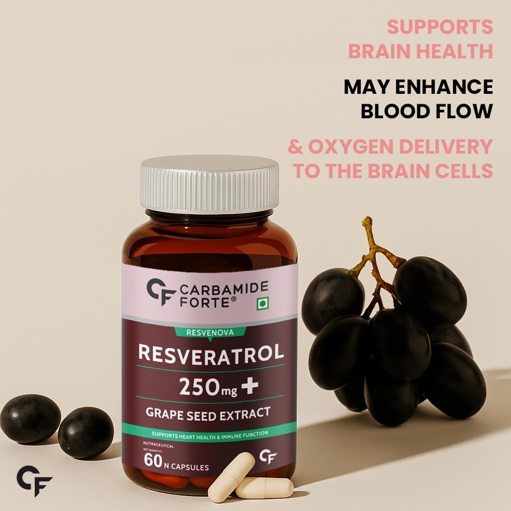 Carbamide Forte Resveratrol 250mg with Grape Seed Extract | Pharma Grade Resveratrol Supplements for Max Absorption - 60 Veg Capsules