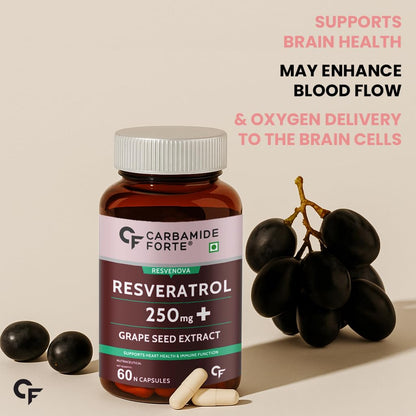 Carbamide Forte Resveratrol 250mg with Grape Seed Extract | Pharma Grade Resveratrol Supplements for Max Absorption - 60 Veg Capsules
