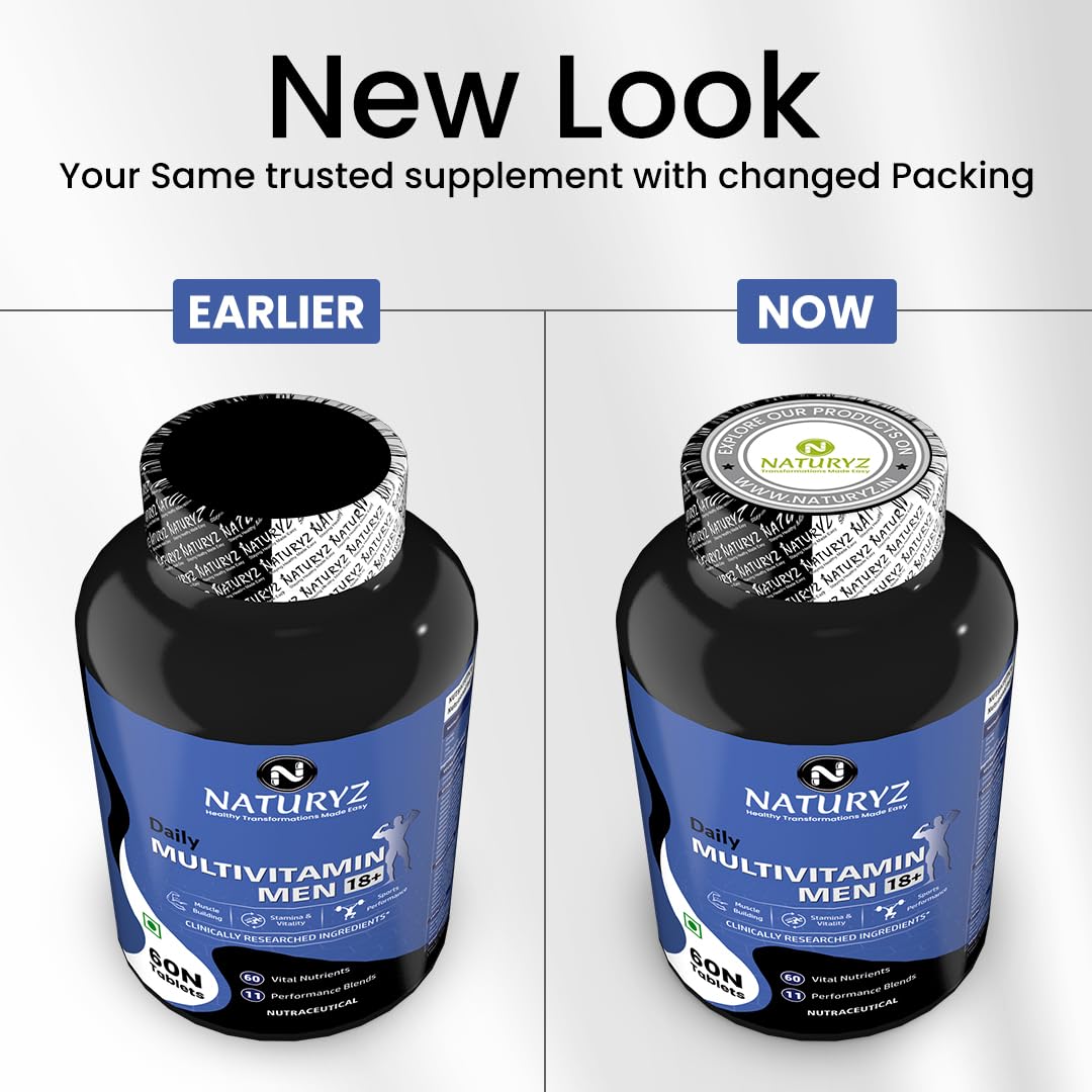 NATURYZ Daily Multivitamin Men 18+ with Highest 60 Nutrients (Vitamins, Minerals, Amino acids, Enzymes, Antioxidants, Herbal Extracts with Omega 3) and 11 Performance Blends for Muscle growth, Strength & Immunity- 60 Tablets