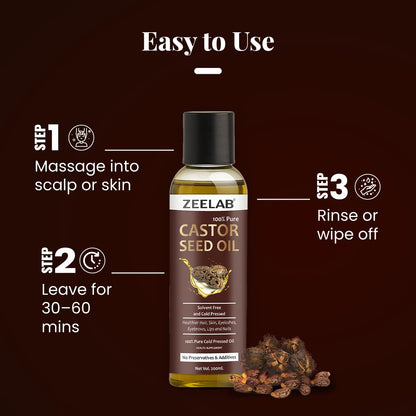 Zeelab Castor Seed Oil 200ml | 100% Pure Cold Pressed | Castor Oil for Skin, Hair Growth, Dandruff, Cleansing & Massage | Multipurpose Herbal Oil for Men & Women