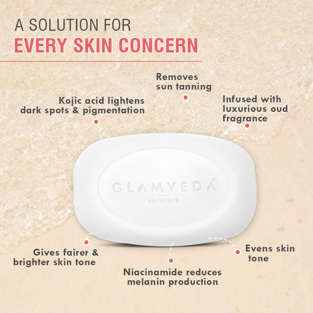 Glamveda 2% Kojic Acid Skin Lightening Soap with Niacinamide | For Dark Spots, Pigmentation & Sun Tanning | For Glass Skin | Clear Glow | All Skin Types | 75gm Pack of 1