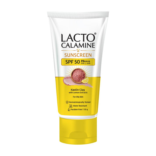 Lacto Calamine Sunscreen SPF 50 | 50g | PA ++++ For Oily Skin | UVA â€“ UVB | Water Resistant & No White Cast | With Kaolin Clay, Vitamin E & Lemon Extracts | Paraben Free