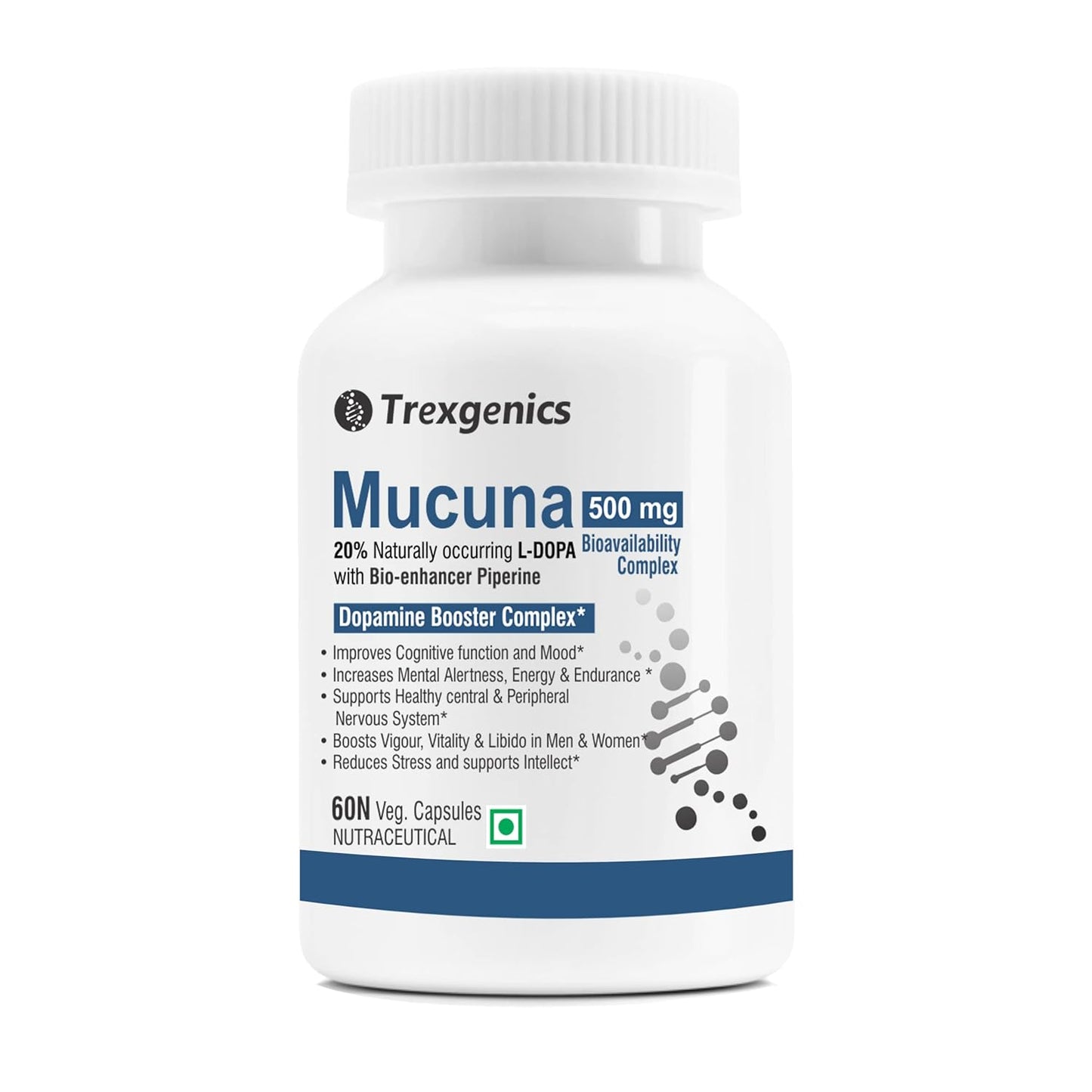Trexgenics MUCUNA (20% L-Dopa) Pruriens (Kapikachhu) 500mg with Bio-enhancer Piperine 5mg Dopamine Booster Complex, Brain function, Nervous System (60 Vcaps) (1)