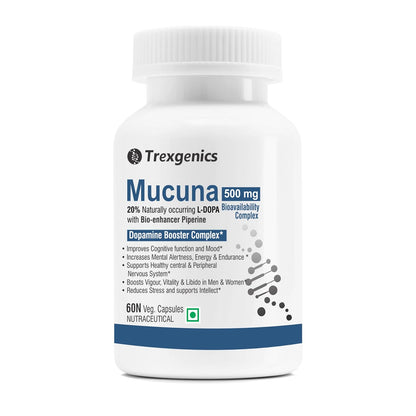 Trexgenics MUCUNA (20% L-Dopa) Pruriens (Kapikachhu) 500mg with Bio-enhancer Piperine 5mg Dopamine Booster Complex, Brain function, Nervous System (60 Vcaps) (1)