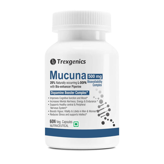 Trexgenics MUCUNA (20% L-Dopa) Pruriens (Kapikachhu) 500mg with Bio-enhancer Piperine 5mg Dopamine Booster Complex, Brain function, Nervous System (60 Vcaps) (1)