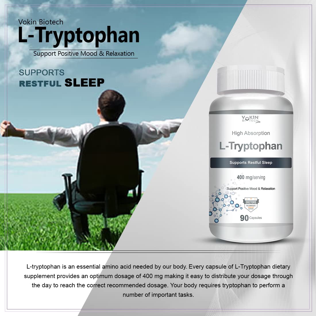 Vokin biotech L-Tryptophan â€“ Support Positive Mood & Relaxation- 400mg (90 Capsules)