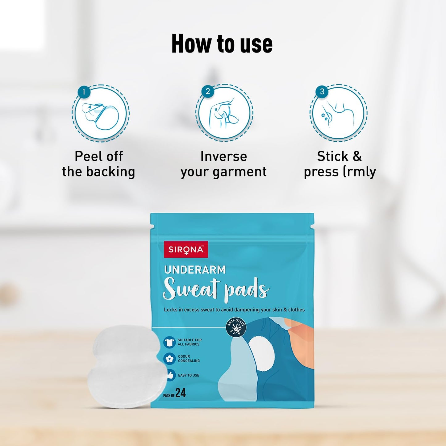Sirona Disposable Underarm Sweat Pads for Men and Women, 24 Pads | Peel-off | Prevents Stains & Unpleasant Odour | Quick sweat absoption